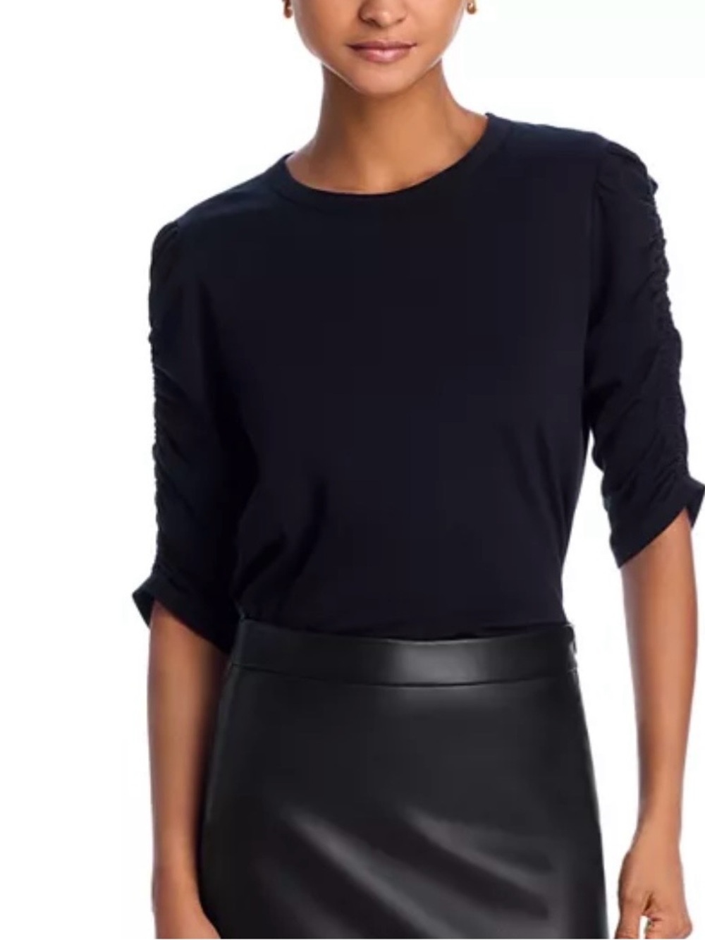 Veronica Beard Waldorf Tee Black Ruched Sleeve Knit Top